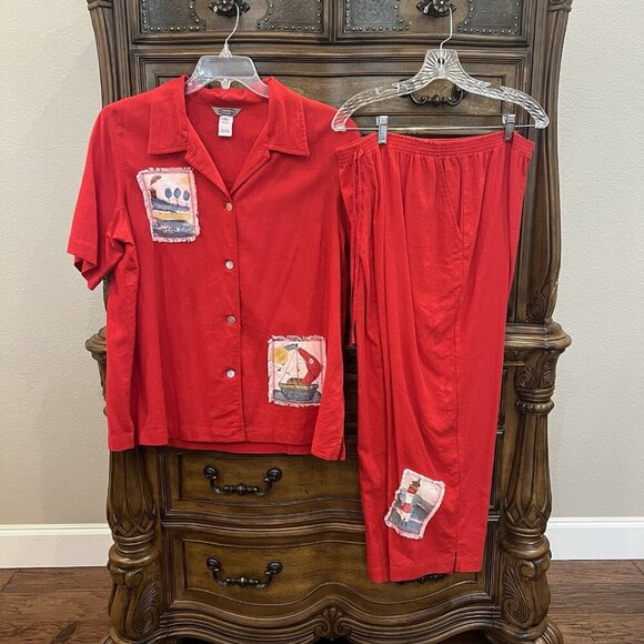 Stonebridge Vtg Linen Rayon Set Top Plus Size 1X Pants XL Red Nautical Travel - Picture 2 of 16